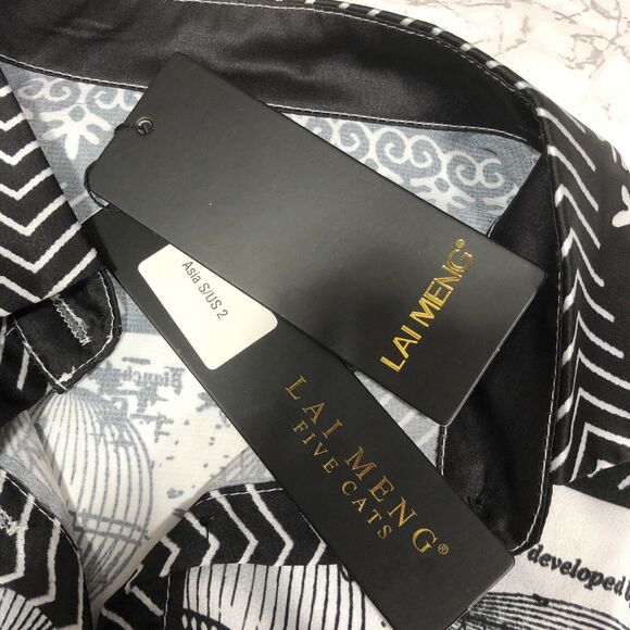 LAI MENG Size 2 Five Cat Japanese White Black Hot Air Balloon Novelty Top NWT! - Picture 6 of 9